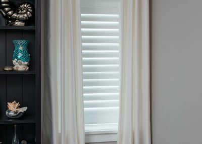 New Style shutter, single panel shutter, Hunter Douglas shutter, plantation shutter, rear tilt bar on shutter, grommet curtain, grommet drape, silk drape, silk curtain, color block curtain, black rods, white and green curtains